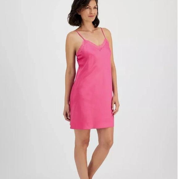 NWT I.N.C. International Concepts Womens Pink Satin Lace-Trim Chemise - Large - Picture 1 of 6